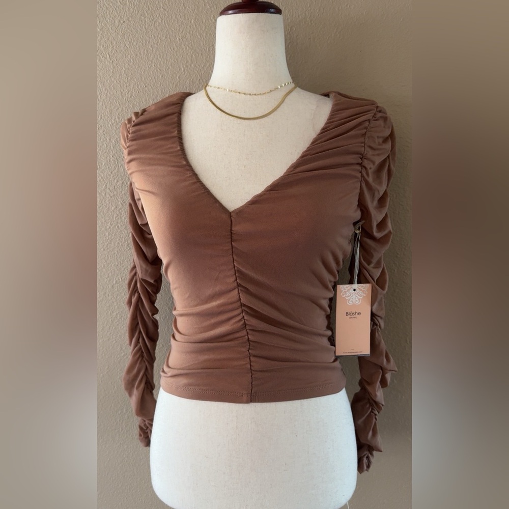 Shirred mesh blouse long sleeved